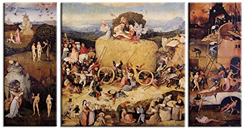 1art1 El Bosco Póster Impresión En Lienzo Tríptico Del Carro De Heno, 1516, 3 Partes Cuadro En Bastidor De Camilla De Madera | Mural XXL | Imagen 130x70 cm