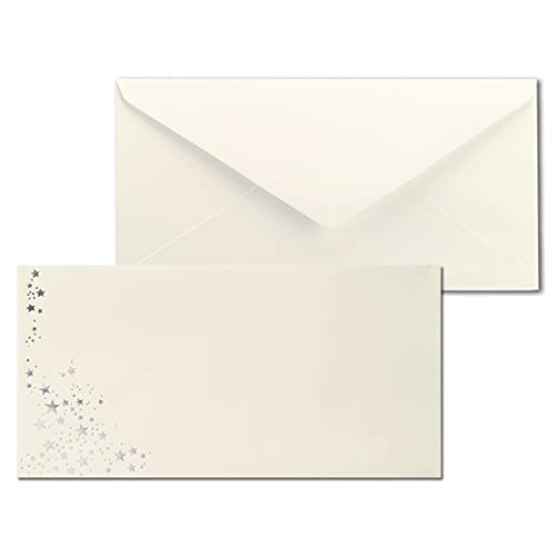 250 sobres con estrellas metalizadas - DIN largo - plata de lluvia estrellada - Color: crema, adhesivo húmedo, 80 g/m² - 110 x 220 mm - ideal para Navidad