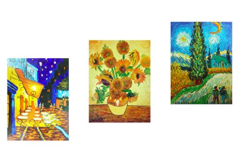 3 paneles de pinturas al óleo de obras famosas de Vincent van Gogh sobre lienzo pintado a mano, Fokenzary, listas para colgar en pared., lona, 12x16inx3pcs