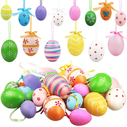 36 Piezas Huevos de plástico Pintados - 2 tamaños Colgantes Decoraciones de Huevos de Pascua con Varios Estilos Puntos Rayas Flores para árbol Escuela Hogar Decoración de Pascua