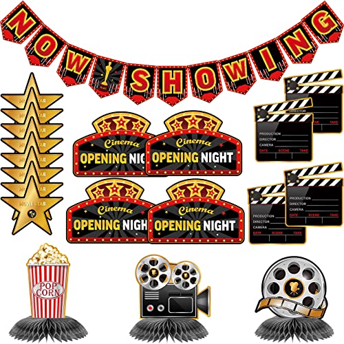 36 Piezas Kit de Decoración de Fiesta de Noche de Cine Banner de Now Showing Centros de Mesa de Panal de Película Recortes de Noche de Película para Fiesta de Noche de Cine