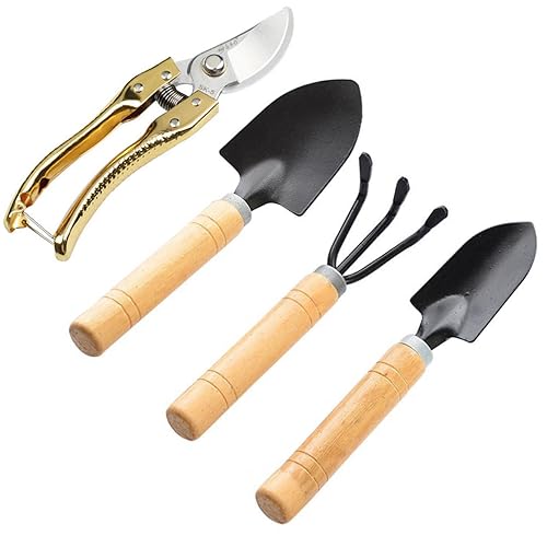 4 PCS Rastrillo De Escarda, Herramienta De Jardinería, Azada Con Mango De Madera, Kit De Herramientas De Poda pala De Escala Pala Rastrillo De Tres Dientes