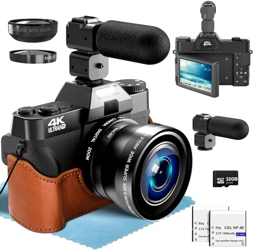 4K Cámara Digital, 56MP Cámara de Fotos con 180 ° Flip 3.5 "de Pantalla, 18X Zoom Digital Cámara compacta con Lente Gran Angular y Lente Macro, 32GB Tarjeta TF, WiFi Funcionalidad, Negro