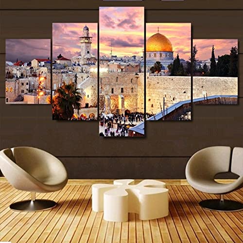 5 paneles de arte de pared en lienzo de Jerusalén, Islam, ciudad, arquitectura, paisaje natural, pintura HD para el hogar, sala de estar, oficina, decoración de gran tamaño (60 x 32 pulgadas)