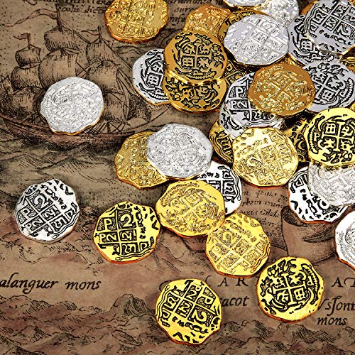 60 Piezas Monedas Piratas de Metal Moneda de Pirata Réplicas de Doblón Español Juguetes de Monedas de Tesoro para Decoración de Favor de Fiesta (Color Set 1, 60 Piezas)