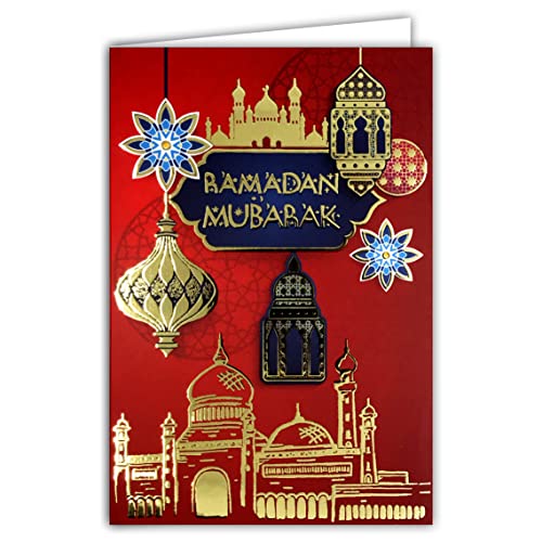 689001 Tarjeta Ramadán Mubarak de oro dorado brillante musulmanes Mes San Ayuno Laylat alQadr Eid elFitr Fiesta islámica 5 pilares Mezquita Linterna Ramadánesco sobre blanco, formato 17,5 x 12