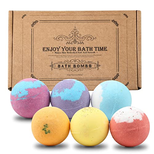 6x60g Regalos Set Bombas de baño, Bola espuma de baño con Naturales Aceite Esencial Bomba Sales de Baño relajantes, spa bolas jabon bañera hidratación de Piel Seca para mujer niños