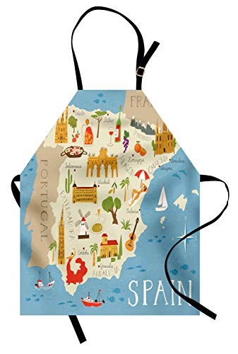 ABAKUHAUS Viaje Delantal de Cocina, España Mapeo de la caligrafía, No Se Ensucian Fácilmente Moderna Tecnología de Estampado, Multicolor