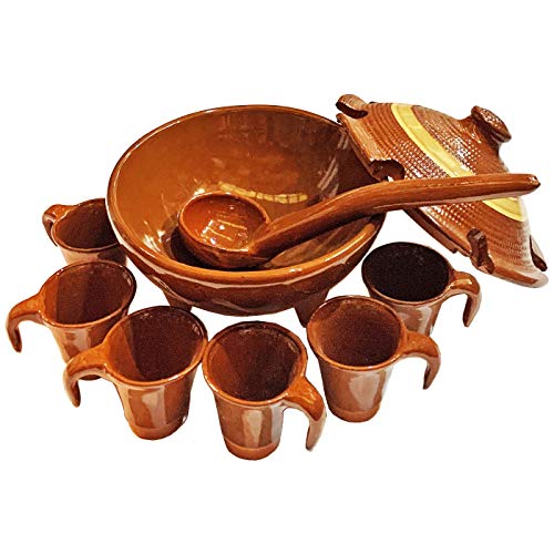 Acan Tradineur - Mini Juego de queimada de Barro con Tapa 6 Tazas y cucharón, artesanía gallega Tradicional, Fabricado a Mano, marrón, Ideal para Celebraciones