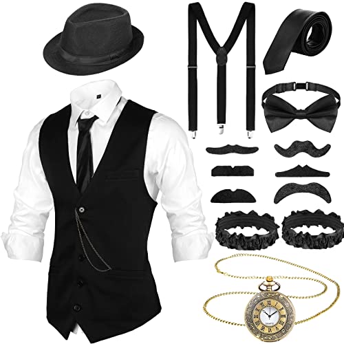 Accesorios de Hombre de 1920 Disfraces Ropa de Gatsby Gángster Atuendo de Cosplay Halloween con Chaleco Sombrero de Fieltro Reloj de Bolsillo Tirantes Corbata (M, negro)