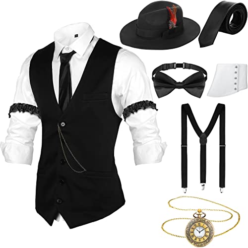 Accesorios para Hombre de 1920s Sombrero de Fieltro de Manhattan Traje de Ropa Traje de Cosplay de Halloween con Chaleco Sombrero Reloj de Bolsillo (M)