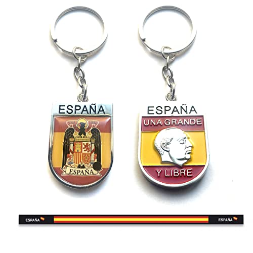 ADCSHOP - Llavero a dos caras de Bandera de España con Águila de San Juan yFrancisco Franco en bajorrelieve. Unisex. + Pulsera de bandera de España de hilo tricotado.