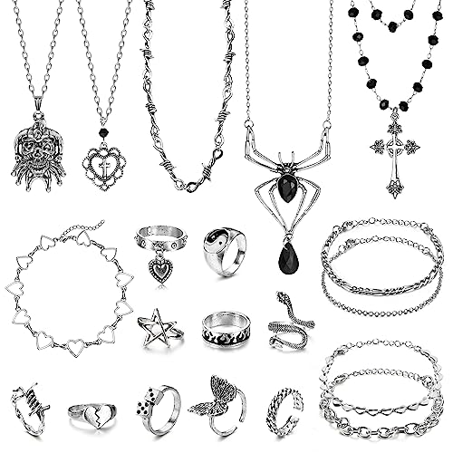 Adramata 20 Pcs Joyería Gótica para Mujer Collares Punk Góticos Y2K Pulseras Góticas para Mujer Anillos Góticos Grunge Conjunto Anillo de Serpiente Collar Cruzado Cadena Punk Y2K Accesorios