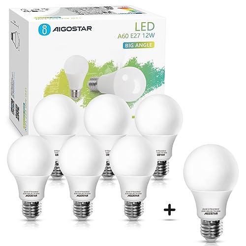 Aigostar Bombilla LED E27 12W, Luz blanca fría 6400K, 1020 lúmenes, Lámpara A60, Ángulo 280º, Ahorro de energía, No regulable - Caja de 7 unidades