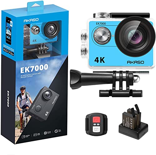 AKASO EK7000 Cámara Deportiva 4K 30FPS - 20MP Cámara de Acción Ultra HD Gran Ángulo 170° con Control Remoto, Cámara Sumergible Acuática 30M Impermeable con Kit de Accesorios - Azul