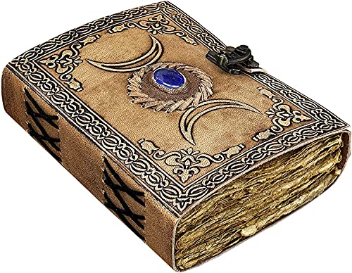 ALCRAFT Cuaderno de hechizos de cuero vintage celta triple luna grimorio libro de sombras para hombres y mujeres, cuaderno de escritura de brujería pagana wicca wicca, páginas en blanco sin forro