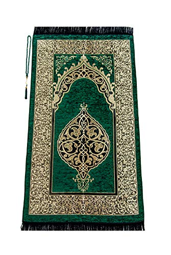 Alfombra de oración Musulmana con los Granos de rezo de Regalos | Janamaz | Sajjadah | Soft islámica Prayer Rug | Regalos islámicos | Alfombra de oración, de Chenilla Tela, Verde