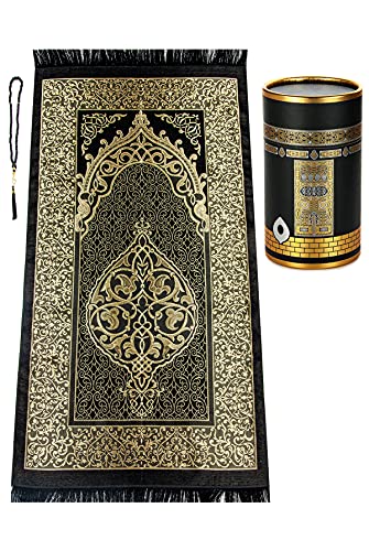 Alfombra Musulmana de oración y Cuentas de oración con Elegante Caja de Regalo de Cilindro de diseño de Kaaba, Janamaz | Sajadah | Alfombra de oración islámica Suave, Tela de tafetán, Color Negro