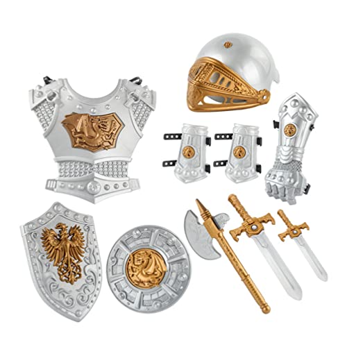 Alipis Disfraz de Caballero para Niños Vestidos de Cosplay de Kids Knight con Armadura Casco Espada Hacha Escudo Disfraz de Rendimiento de Vestuario de Cosplay de Halloween Soldier para