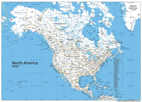 América del Norte mapa Vial – Papel laminado – A0 tamaño 84,1 x 118.9 cm