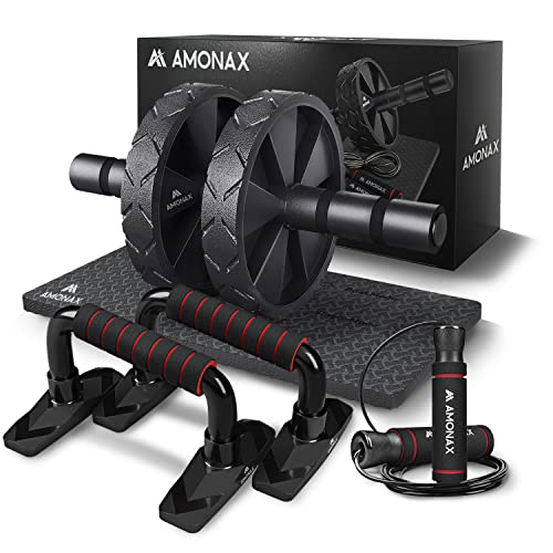 Amonax ejercicio en casa kit (juego de soportes para flexiones, rueda abdominales, cuerda saltar), fitness aparatos de gimnasia, Equipo de entrenamiento de fuerza, musculacion pesas calistenia