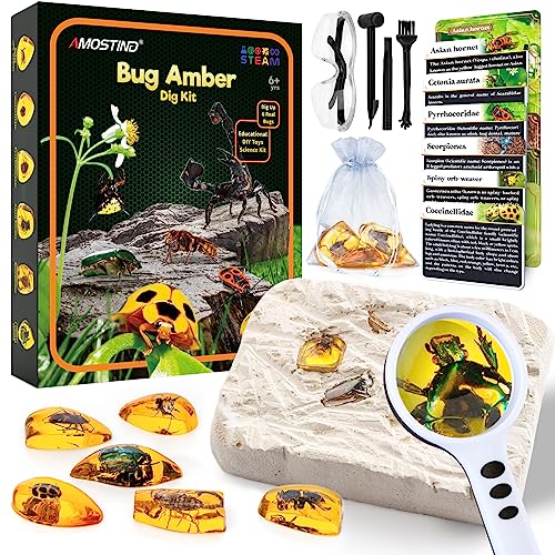 AMOSTING Juegos educativos niños 6 7 8 9 10-12 años - fósil de ámbar - gemas de insectos de resina sintética - kit de excavación con herramienta de excavación, lupa, guía de estudio y bolsa