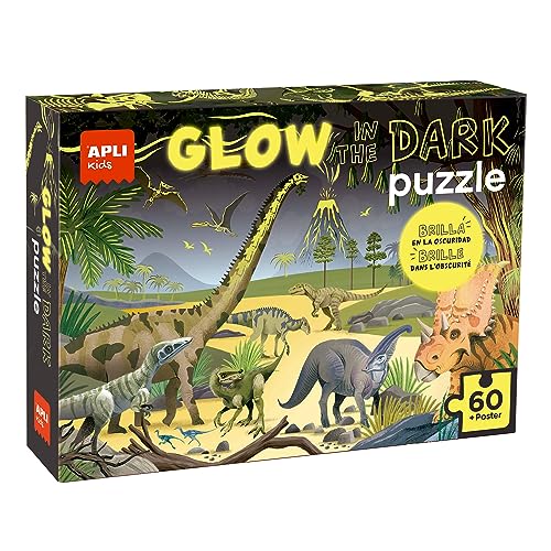 APLI Kids 19435 - Puzle fluorescente Glow in the Dark - modelo Dinosaurios - puzzle con efecto neón, brilla en la oscuridad- 60 piezas tamaño 6 x 6 cm