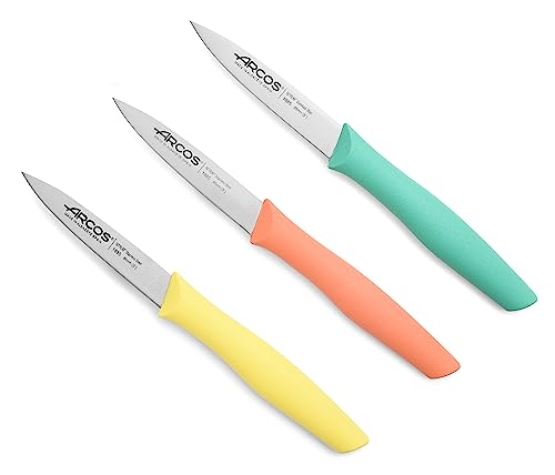 Arcos Set Cuchillos Mondadores de Cocina. 3 Piezas Acero Inoxidable, para Pelar Frutas y Verduras. Mango Ergonómico Polipropileno. Serie Nova. Naranja. Amarillo y Azul