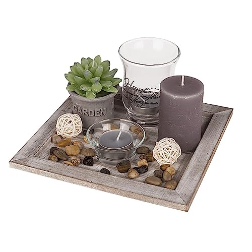 Artículos de Decoración/Plato Cuadrado de Madera Natural con Portavelas, Velas y Piedras Decorativas