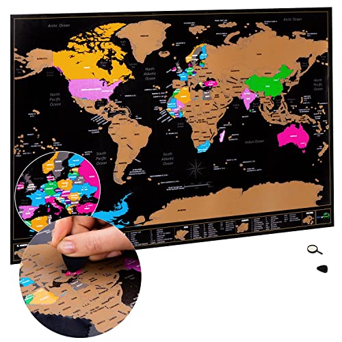 ATLAS & GREEN Mapa Mundi Rascar | Mapa del Mundo para Rascar | Mapa para Marcar Viajes | Scratch Map Rasca Mapa con Equipo de accesorios y tubo