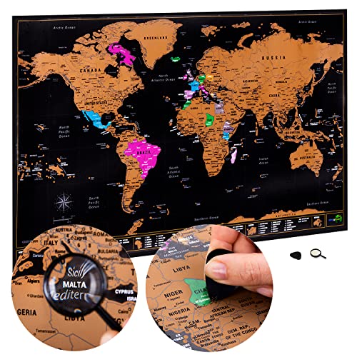 ATLAS & GREEN Mapa Mundi Rascar | Mapa del Mundo para Rascar | Scratch Map para Viajes 70 x 42 | Ultra Detallado con Estados Unidos + Kit Accesorios