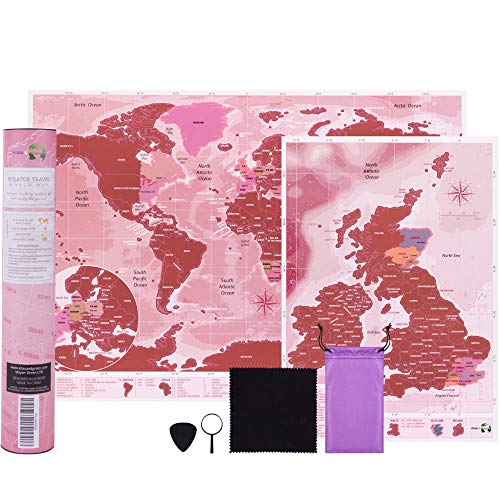 Atlas&Green - Carte du monde à gratter, A3, format voyage (42 x 29,7 cm) + carte du Royaume-Uni format A4, couleur or rose, avec kit d'accessoires