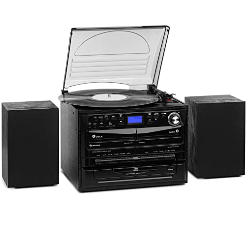 Auna Tocadiscos de Vinilo Vintage, Incluye Altavoces con Sistema Estéreo para Musica AUX, Reproductor Vinilo Retro con CD, Radio Dab, Radios con Bluetooth y USB