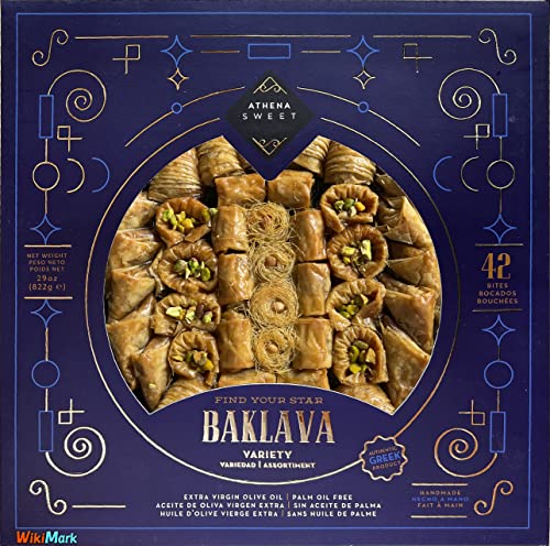 Auténtica Baklava de nuez en Caja. Hecha a Mano. Peso 822 Gr. Surtido de 42 Bocados. con Aceite de Oliva Virgen Extra y Sin Aceite de Palma.