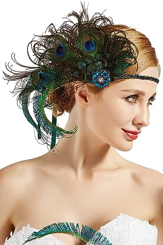 BABEYOND Diadema para mujer con plumas de pavo real, estilo años 20, inspirada en Gran Gatsby, accesorio pavo real