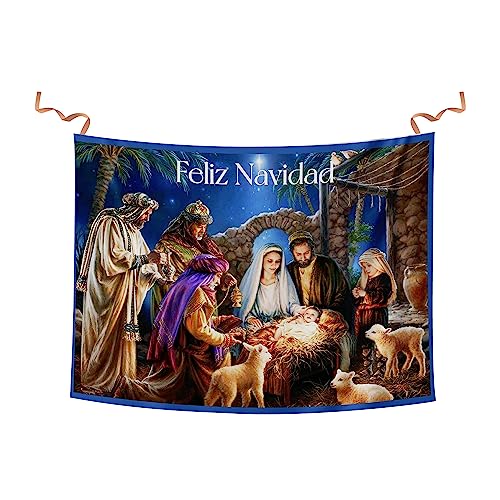 Balconera Navidad El niño Dios ha nacido. Decoración navideña colgadura religiosa del niño Jesús. Colgadura Navidad de tela. (100x70 cm.)