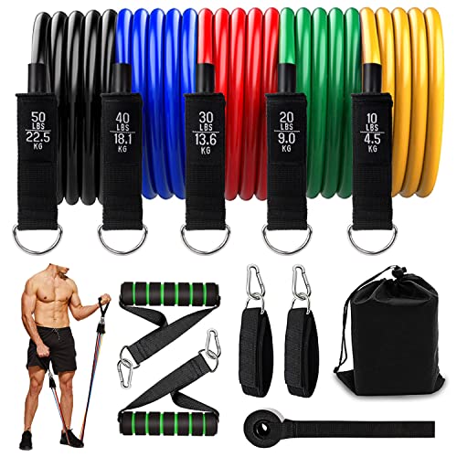 Bandas Elasticas Musculacion Fitness, Set de Bandas de Resistencia con 5 Tubos de Látex, Gomas Elasticas Fitness para Yoga, Pilates, Estiramientos, Gimnasio en Casa, Glúteos Ejercicios