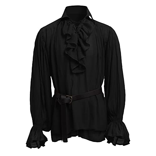BaronHong Camisa de Pirata para Hombre Vampiro Renacimiento Victoriano Steampunk Gótico con Volantes Medieval Disfraz de Halloween Ropa (Negro, 4XL)