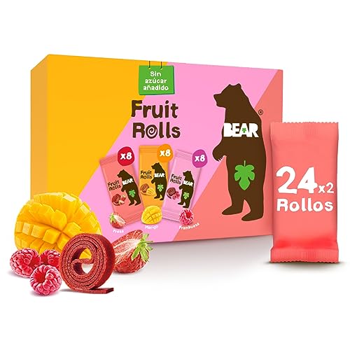 BEAR Paquete Variado de Rollitos de Frutas | Ingredientes 100% Naturales | Sin Azúcar Añadido | Snacks Saludables para el Colegio y el Almuerzo para Niños y Adultos | 24 Sobres de 20g | 480g