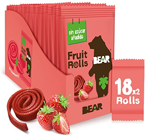 BEAR Rollitos de Fruta Sabor Fresa - Ingredientes 100% Naturales - Snacks Saludables para el Colegio y el Almuerzo para Niños y Adultos - 18 bolsitas de 20g - 360g