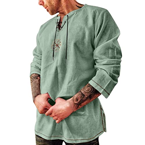 Beokeuioe Disfraz medieval para hombre, cuello alto, camisa renacentista, camisa medieval renacentista, disfraz victoriano vikingo, cuello en V, camisas piratas, B verde., XXL