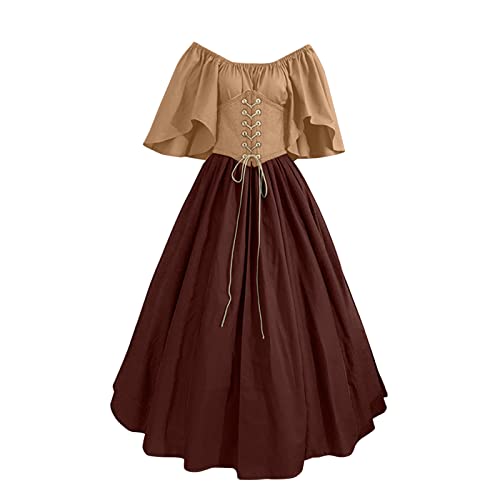 Beokeuioe Vestido medieval retro de las mujeres con mangas de llama, renacimiento, carnaval, Halloween, fiesta, vestido de princesa, estilo medieval victoriano retro, caqui, L