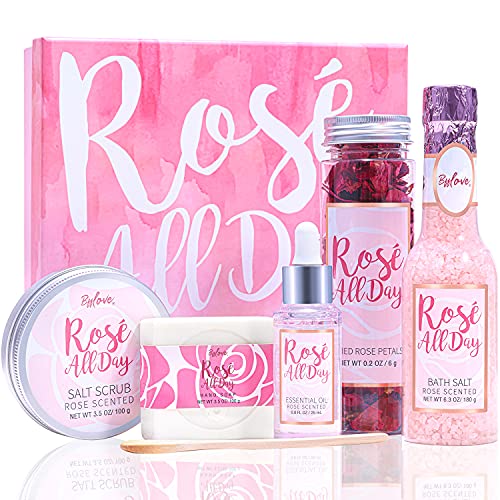 BFFLOVE Caja de Regalo, Cesta de Regalo a rosa con 5 Piezas, Regalos Originales para Mujeres, Set de Spa con Baño de Burbujas, Sales de Baño, Jabón, Exfoliante de Sal, Cuchara