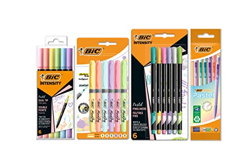 BIC Pastel Set de Escritorio con Rotuladores, Portaminas, Subrayadores y Rotuladores de Punta Fina - Tinta y Cuerpo de Colores Pastel Surtidos, Pack de 23