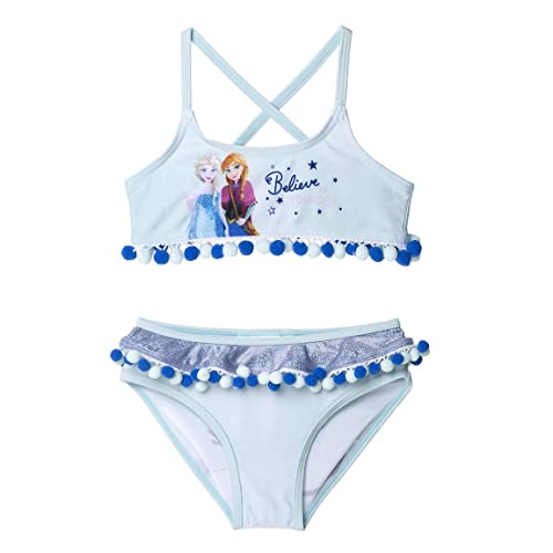 Bikini de Elsa para Niña - Color Celeste - Talla 5 Años - Tejido de Secado Rápido - Bikini con Cintura Elástica - Estampado de Elsa con Frase - Producto Original Diseñado en España