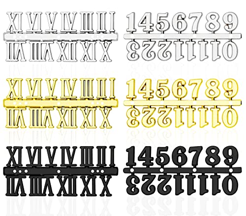 BLUESEABUY 6 Piezas Kit de Números de Reloj Números de Reloj Digital DIY Incluyendo Número Árabe y Número Romano en Oro Negro Plata para Decoración/Reparación/Sustitución
