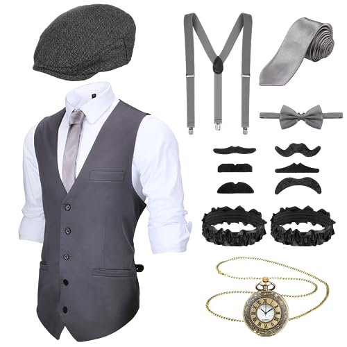 Blulu Set Accesorios Disfraz Hombre 1920 Chaleco Gángster Sombrero Vendedor Periódicos Reloj Bolsillo Corbata (Gris, M)