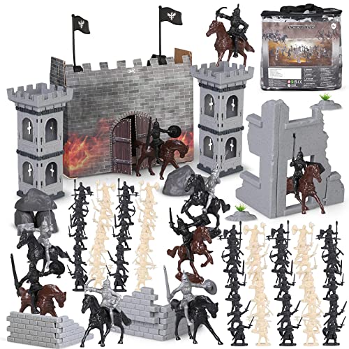 Boderam Juguetes de Caballeros del Castillo Medieval,254PCS Figuras de Guerreros Soldado Antiguo,Figuras de acción,Juego de Base Militar de plástico,Juguete con Torre Flecha caballería