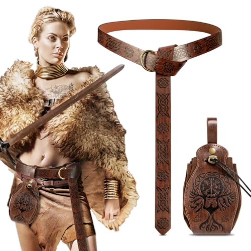 BOFUNX 2 Piezas Juego de 1 Riñonera Bolsa de Cuero+1 Cinturón Medieval Retro de Vikingo de Caballero para Disfraz Cosplay Accesorios Renacentista Disfraces de Fiesta Halloween para Hombre Mujer