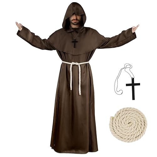 BOFUNX Disfraz de Monje Sacerdote Traje con Capucha Túnica Medieval Disfraces Cosplay de Halloween Carnaval para Adultos Hombres